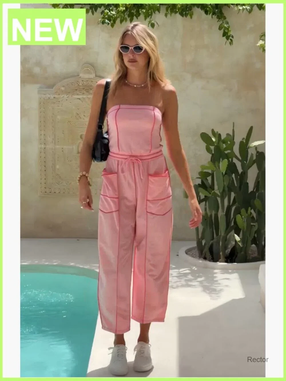 Off Shoulder Barrel Jumpsuit Loose Fit Romper with Pockets - Picture 7 of 7